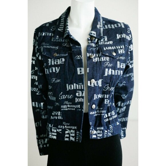 Vintage Johnny Blaze Flame Dark Denim All Over Print Women's Jacket M - Picture 4 of 12